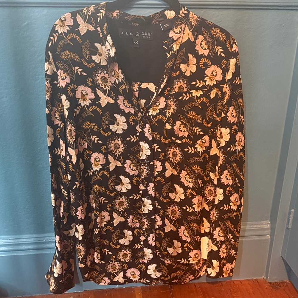 A.L.C. Black Pink and Cream Floral Blouse
